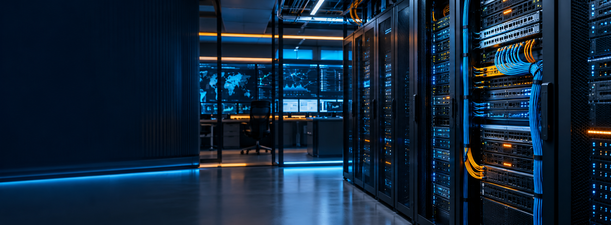 Serverraum mit Netzwerkverkabelung und IT-Leitstand